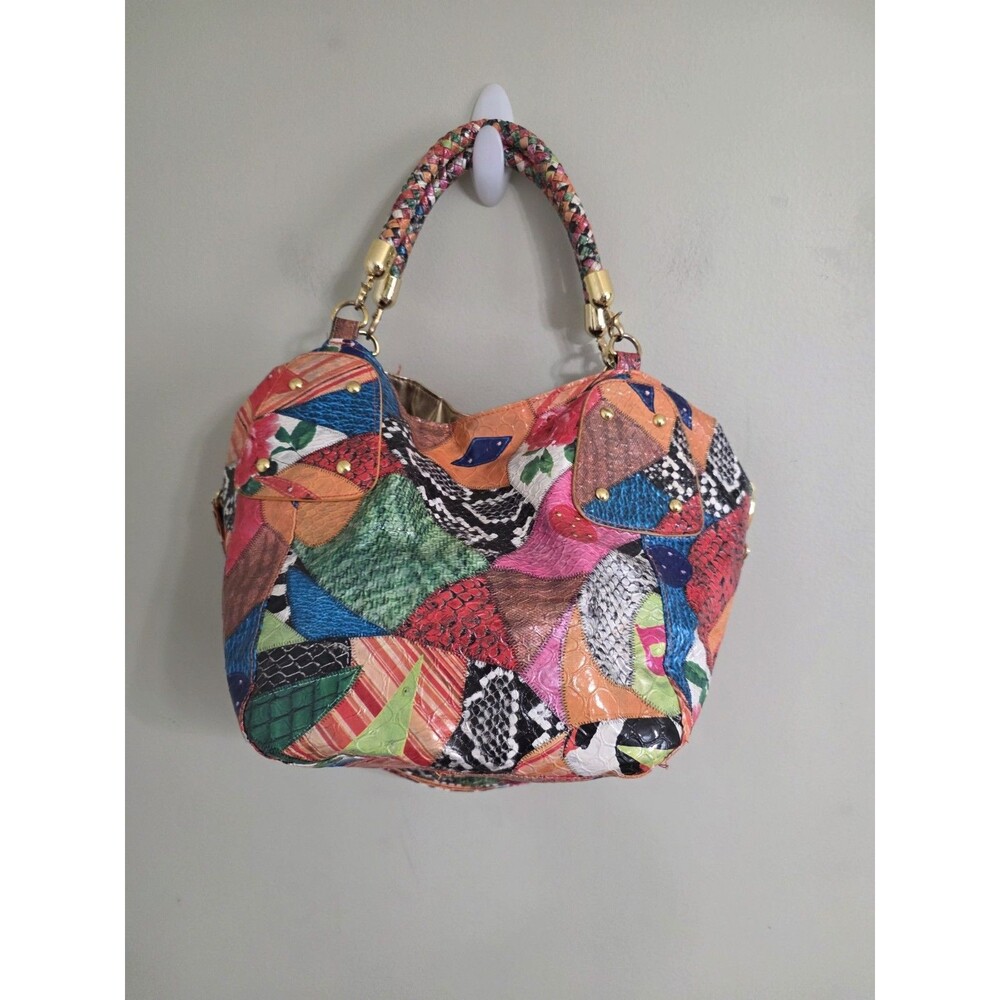 Vintage Braciano Bright Patchwork Colorful Purse Tote Handbag Gold Boho Stylish